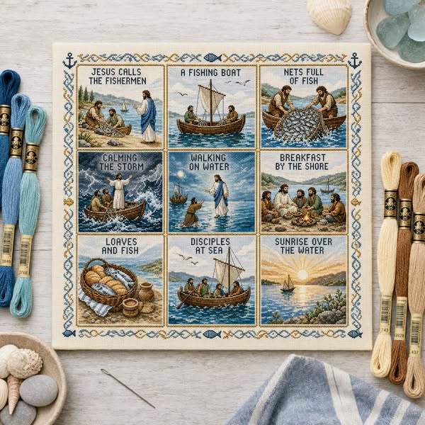Beginner-Friendly Life of Jesus Bible Story Cross Stitch DIY Kit | 6 Biblical Collections with Fabric, Color-Matched Floss, Needle & Patt