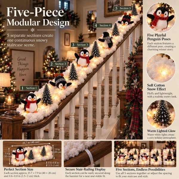 Penguin Christmas Stair Snow Decor - Cheering Penguin