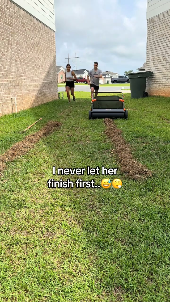 A push lawn sweeper that collects fallen leaves and grass clippings