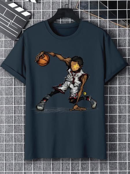 Men's Black Basketball Player Art Print Cotton Casual T-Shirt