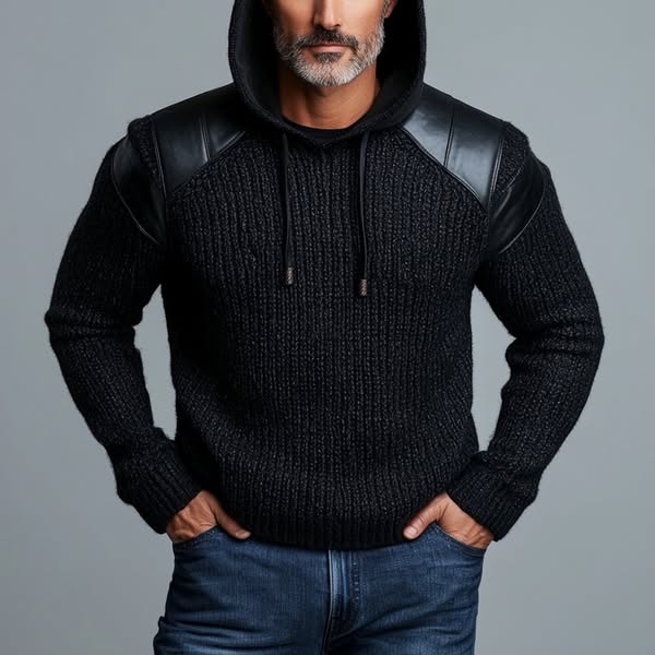 Men's Casual PU Leather Patchwork Rib Knit Long Sleeve Drawstring Hoodie