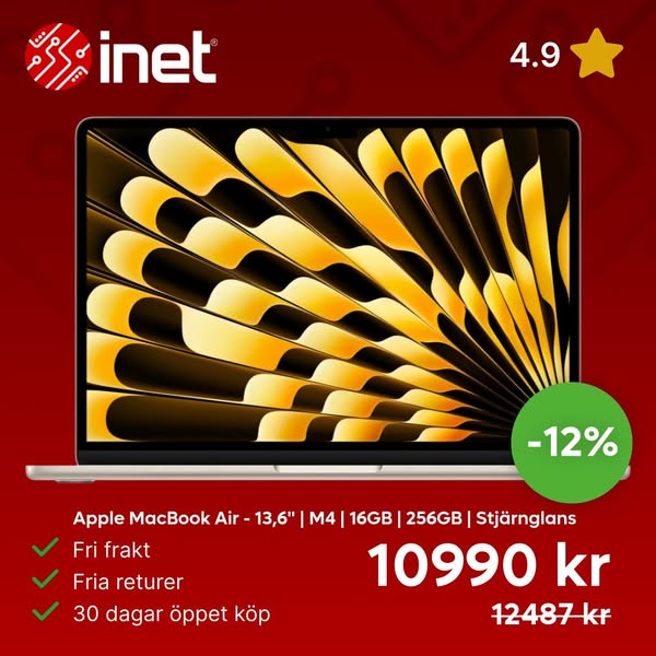 Apple MacBook Air - 13,6" | M4 | 16GB | 256GB | Stjärnglans | Nya MacBook Air är utrustad med M4-chippet som erbjuder prestanda på en helt n