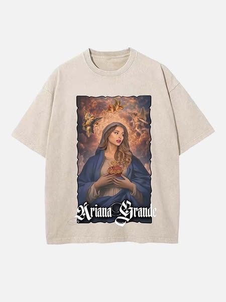 Ariana Grande Print Round Neck T-shirt Apricot-S