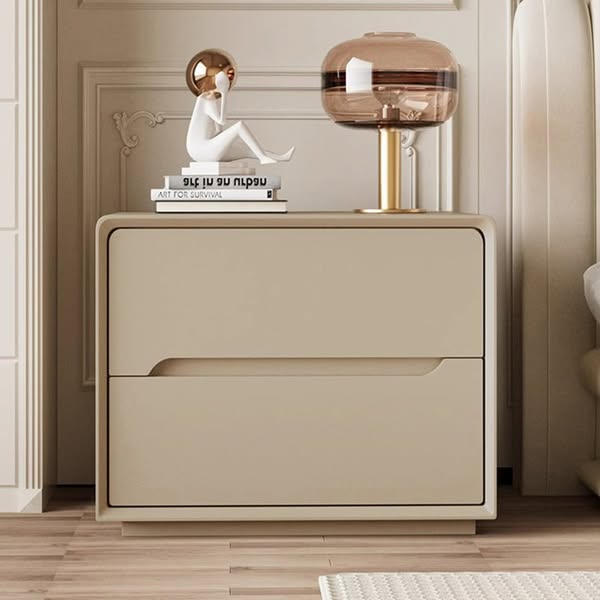 Wood Leather 2-Drawer Nightstand, Minimalist - Khaki