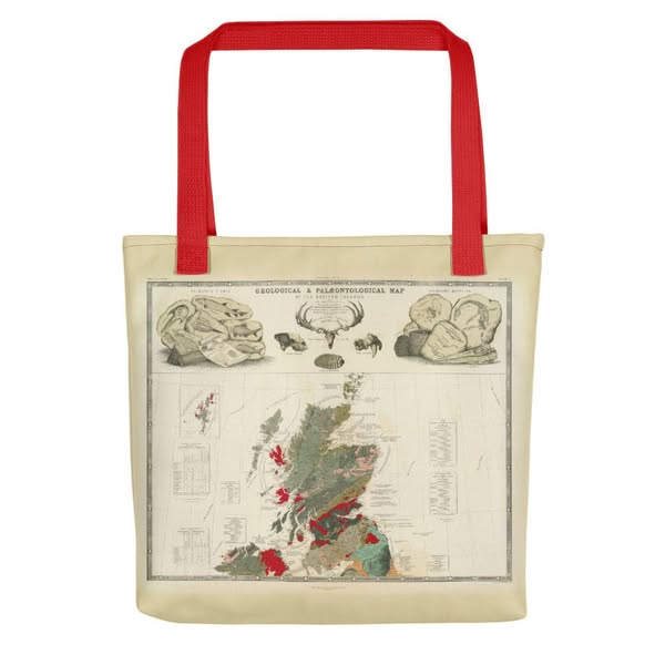 Scotland Tote Bag with vintage map print of Geological & palaeontological map of Scotland 1854, by A.K. Johnston and E.Forbes, Red