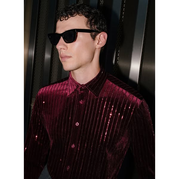 Burgundy Velvet Sequin Pinstripe Shirt