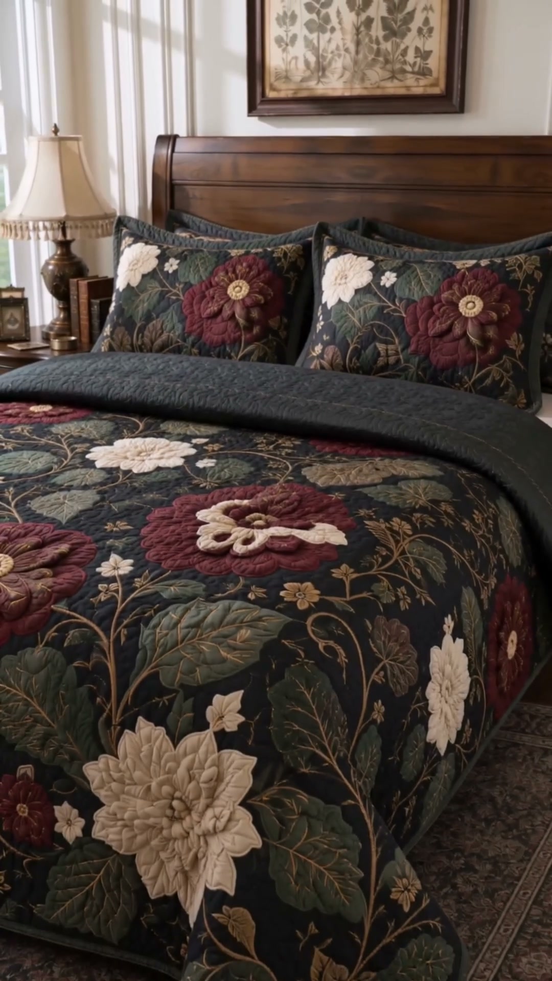 Dark Botanical Quilted Bedding Set