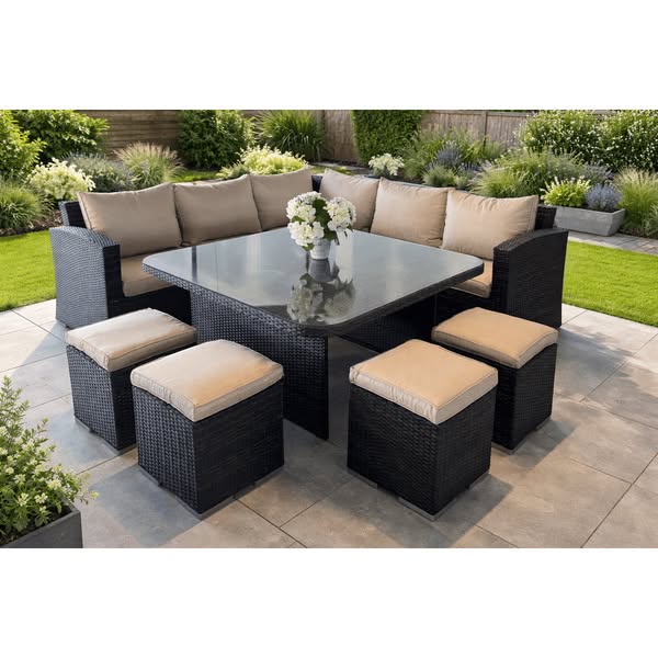 Ashcroft Rattan Corner Sofa Casual Dining Set with 4 Stools