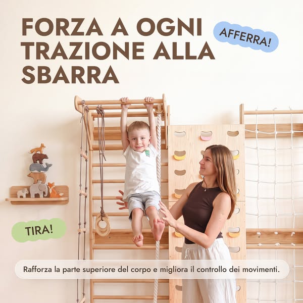 7-in-1 Parete da Arrampicata per Bambini: Spalliera, Prese, Rete, Sbarra Trazioni e Set Altalena 3in1