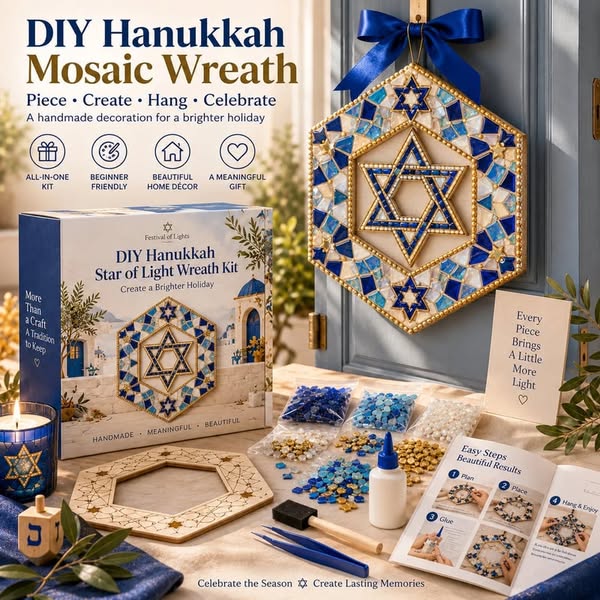 DIY Hanukkah Mosaic Wreath Kit — Festival of Lights Door Art with Menorah, Star of David & Dreidel Designs | Heirloom Holiday Decor You B