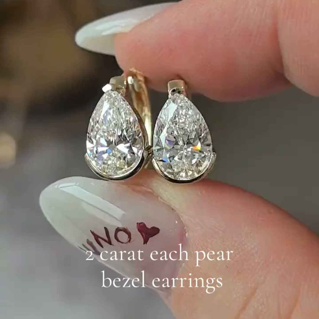 Half Bezel Pear Moissanite Hoop Earrings