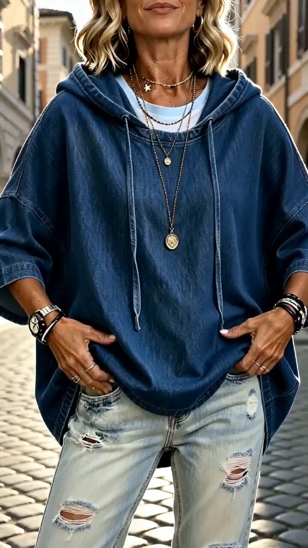 Women's Casual Loose Denim Hoodie