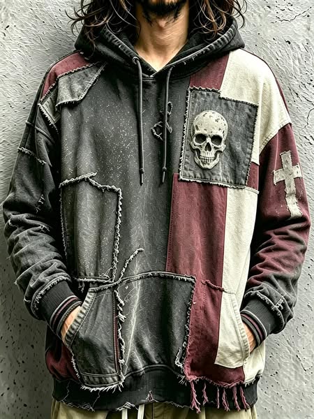 Men's Skull Cross Colorblock Patchwork Print Hoodie