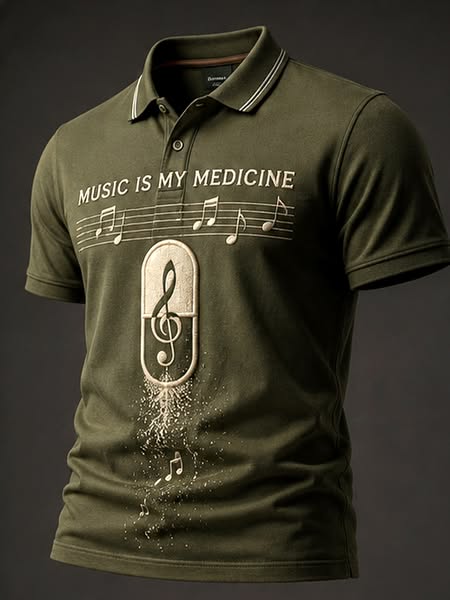 Men's Music Is My Medicine Pattern Print Short Sleeve Polo Shirt