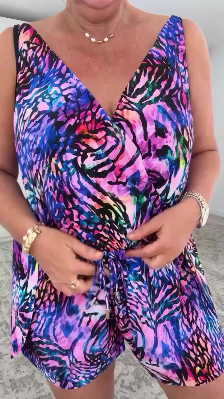 V-Neck Colorful Print One-Piece Swimsuit