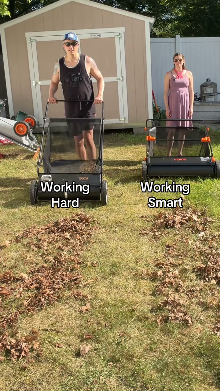 A push lawn sweeper that collects fallen leaves and grass clippings