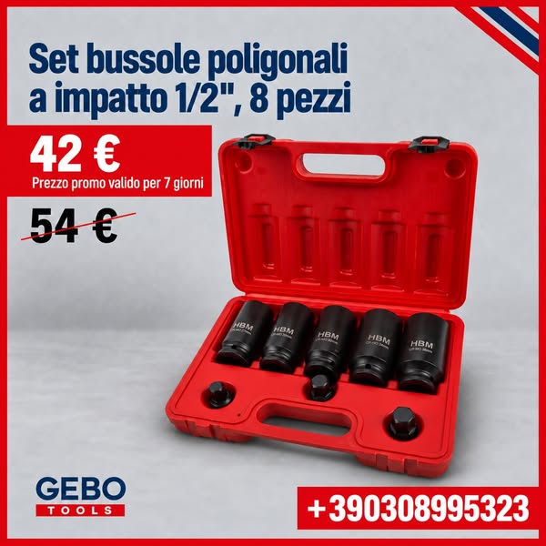 Set bussole poligonali a impatto 1/2'', per mozzo,cuscinetto ruota,semiasse,8 pezzi Hbm