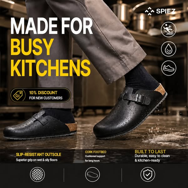 Unisex Wide-Friendly Fit - Roomy toe box, oil resistant, arch support, waterproof, slip-on