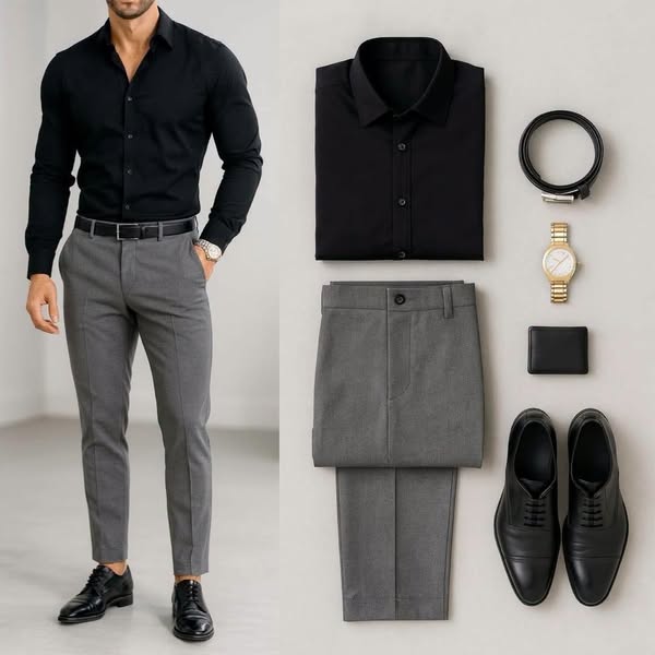 Men's Black Long Sleeve Shirt & Gray Pants 2 Piece Outfit Set