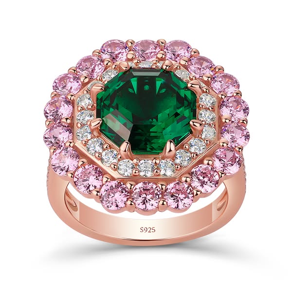 Octagon Emerald Sterling Silver Rose Gold Halo Engagement Ring