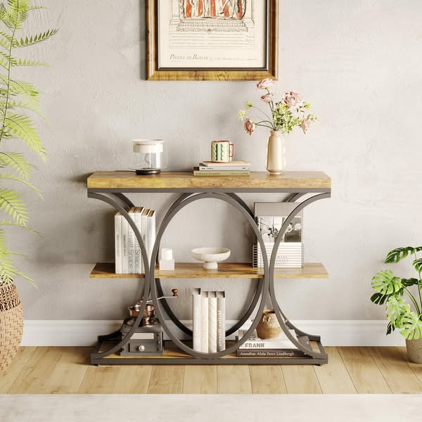€98.99=Tavolo da ingresso industriale Garvee da 39" con ripiani in legno a 3 livelli, struttura circolare in metallo, robusto per corridoio