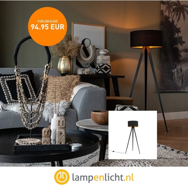Vloerlamp zwart met kap zwart en gouden binnenkant - Ilse