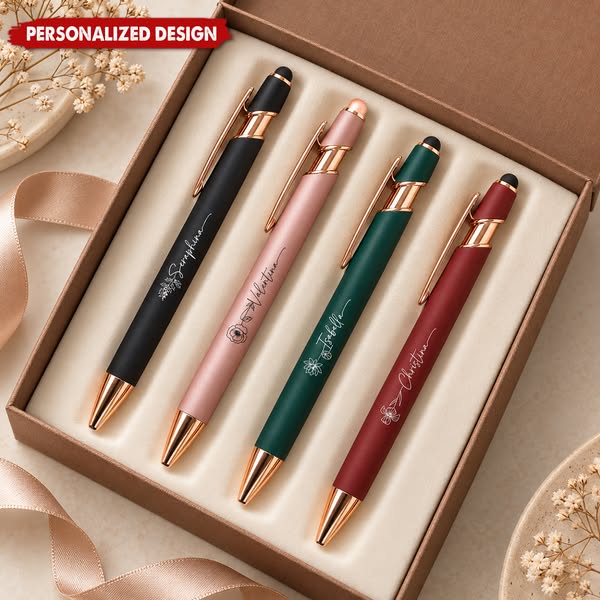 Personalized Engraved Metal Pen - Personalized Floral Ballpoint Pen With Stylus Tip