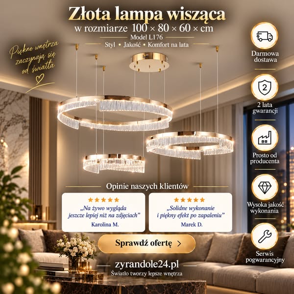 Złota lampa RING LED 100x80x60cm