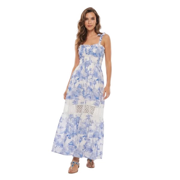 Abito Positano Lungo in Puro Lino con Stampa Blu Toile de Jouy