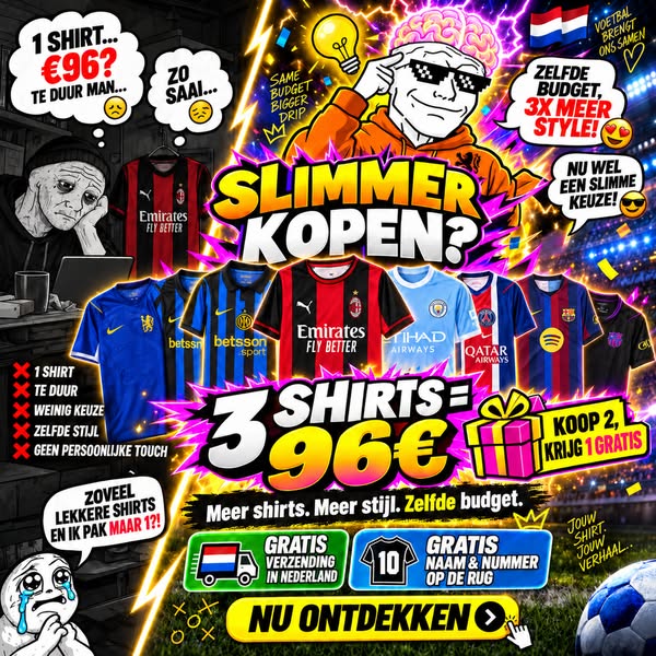 €96 = 2 shirts + 1 GRATIS + gratis bedrukking + gratis verzending in Nederland
