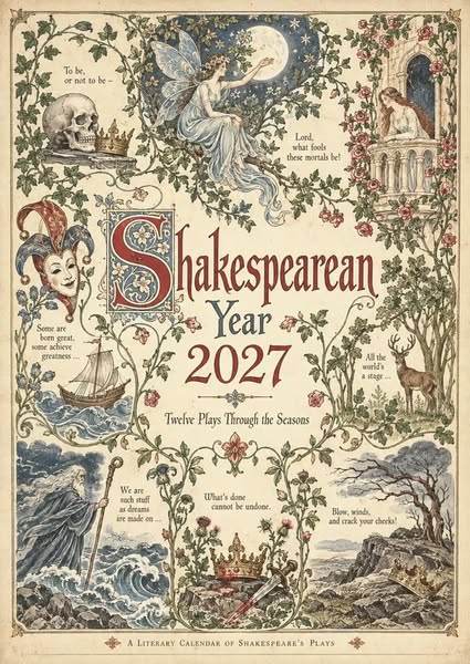 A Shakespearean Year 2027 – 12 Plays Through the Seasons | Vintage Illustrated Wall Calendar - 1 Set