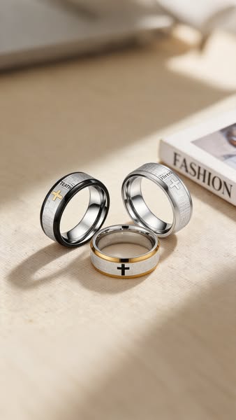 50% OFF | Stainless Steel Two-Tone Lord's Prayer Cross Wide Band Ring | Faith & Protection, Timeless Elegance