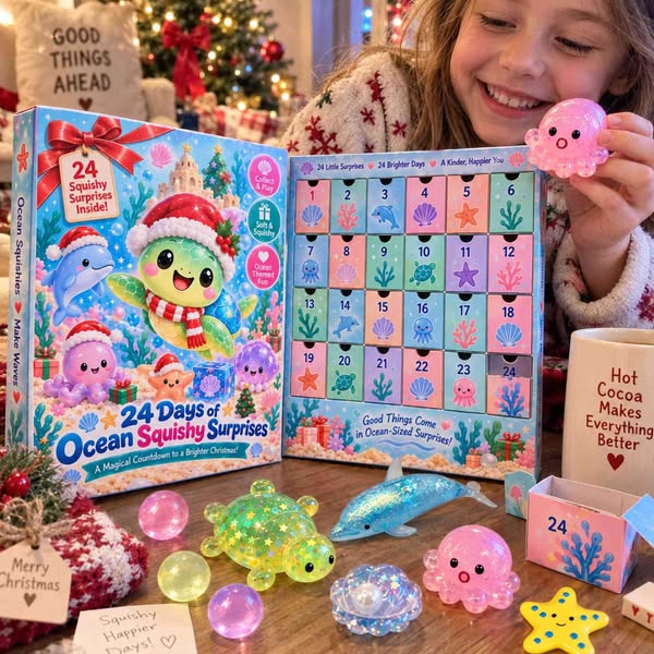 24 Days Ocean Squishy Advent Calendar, 24 Unique Surprise Sea Animal Squishies, Different Mix in Every Box, Christmas Countdown Gift for Kid