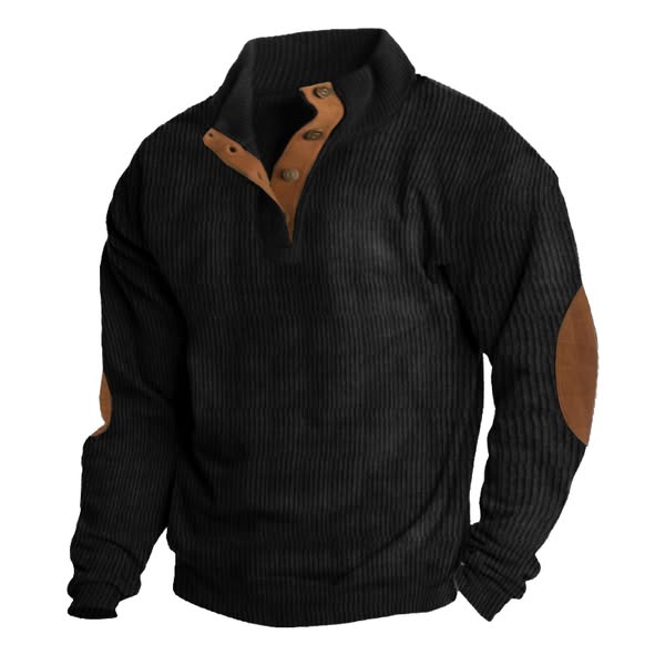 Men's Corduroy Patchwork Color Block Casual Stand Collar Henley Sweatshirt Black-L