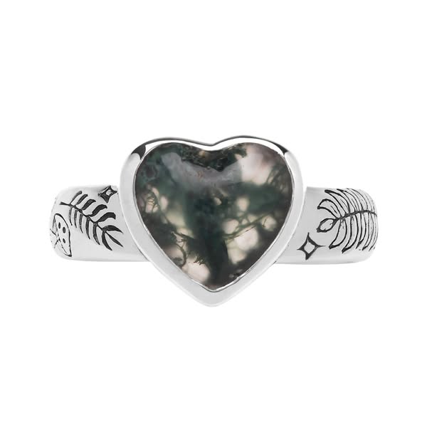 NATURE HAS MY HEART - Moss Agate & Sterling Silver Heart Ring
