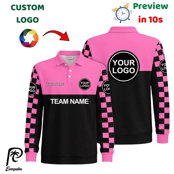Custom Checkered Sleeves Two Tone Color Block Long Sleeve Polo Shirt