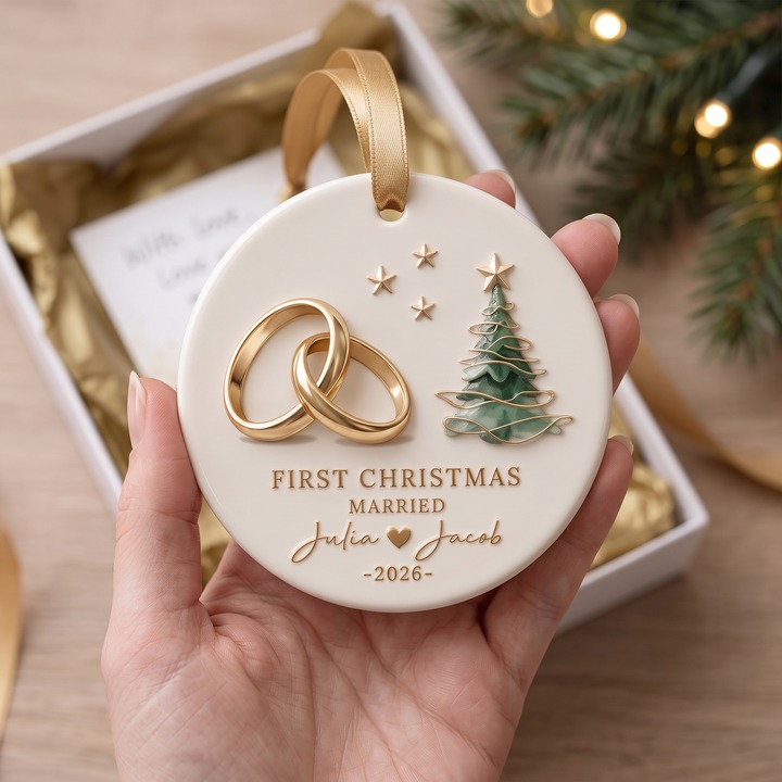 Personalized "First Christmas Married" Ceramic Ornament