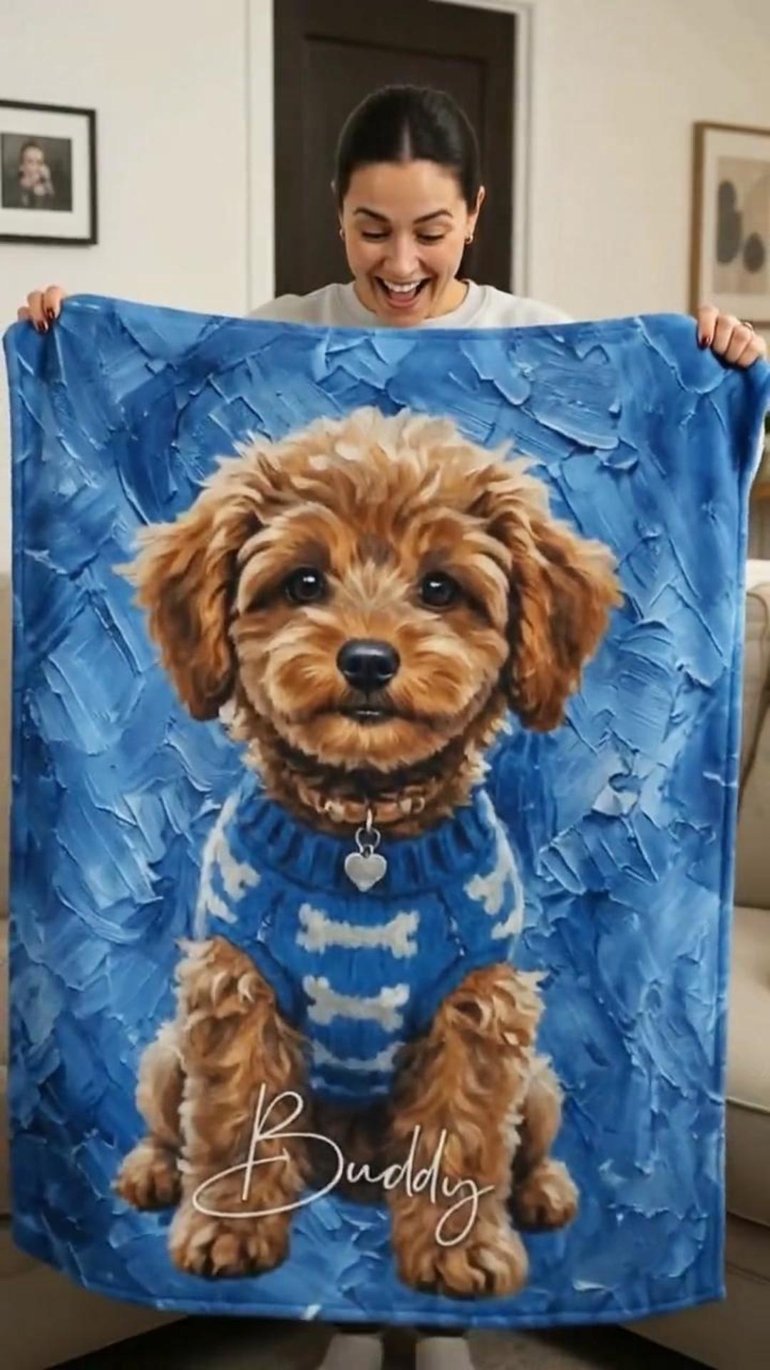 Personalized Oil Painting Style Pet Photo Soft Throw Blanket with Name Home Decor Birthday Pet Memorial Gift for Pet Lovers
