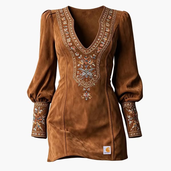 Women's Vintage Boho V-Neck Brown Suede Elegant Mini Dress With Puffed Sleeves Brown-S