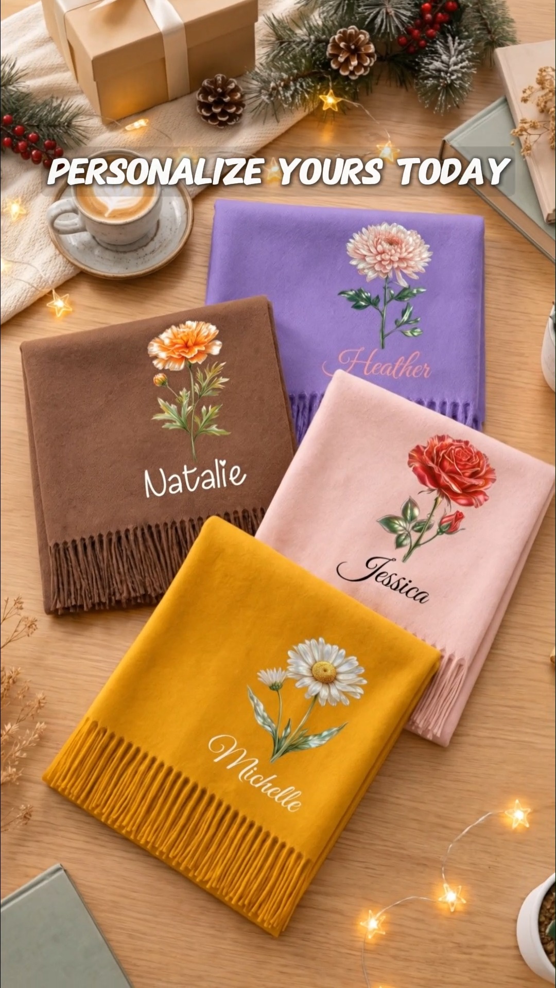 Personalized Multicolor Birth Flower Soft Warm Tassel Scarf Shawl with Name Daily Wear Winter Accessory Christmas Gift for Women