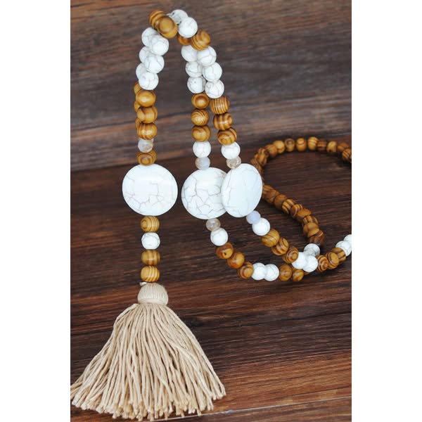 Handmade Wooden Beaded Tassel Sweater Chain - Brown Round