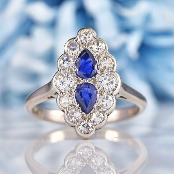 £1,450, Vintage Sapphire & Diamond 18ct White Gold Marquise Cluster Ring