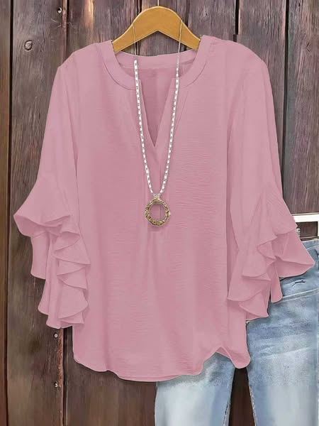 Plus Size Women's Floral V-Neck Blouse Flowy Ruffled Sleeve Top for Arm & Tummy Flattering Lightweight Casual Summer Shirt - Pink