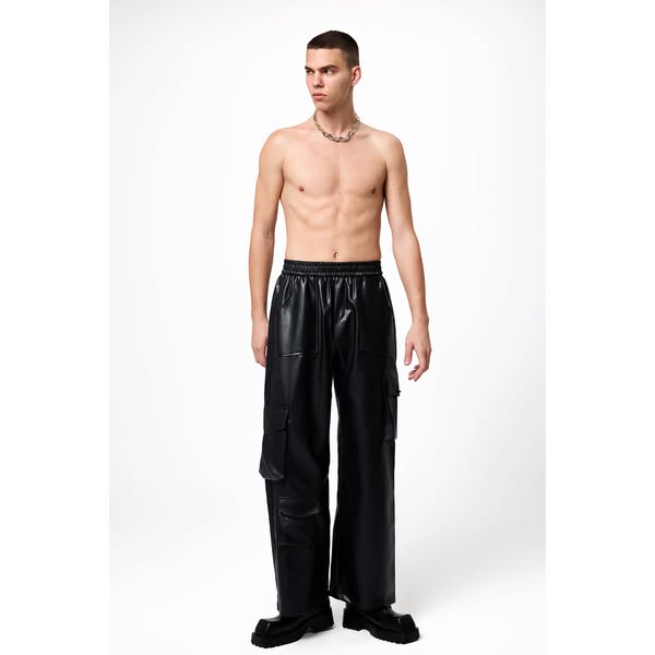 Dark Edge Leather Pockets Straight Pants