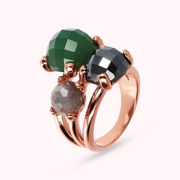 Bague Trilogie Multirangs avec Pierres Naturelles Vert / 12 (52)