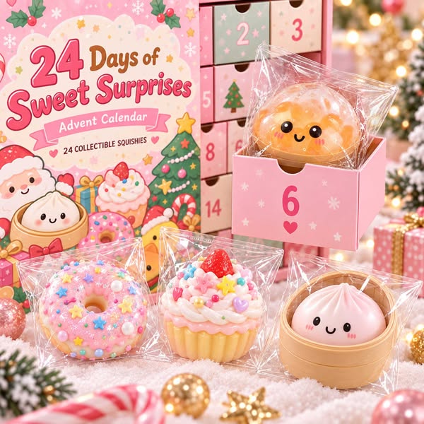24-Day Christmas Squishy Advent Calendar, 24 Random Dessert Mystery Squishies, Cute Collectible Countdown Toys, Holiday Gift for Girls, Kids