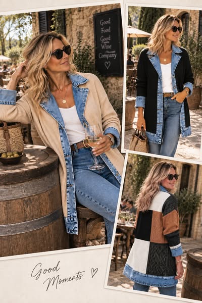 Abrigo Largo de Punto con Ribetes Denim
