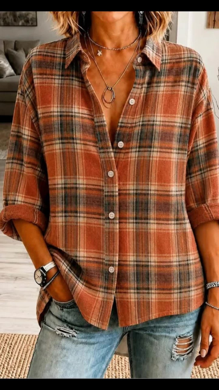 Lapel Checkered Long Sleeve Shirt