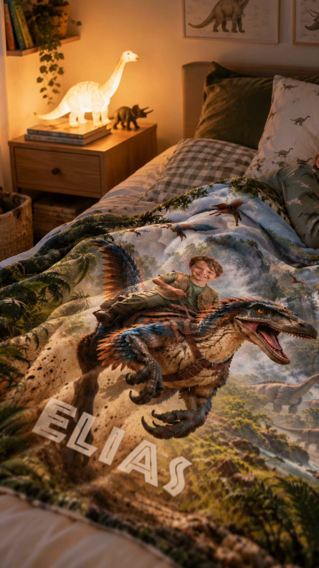 Son visage en héros dino sur son plaid