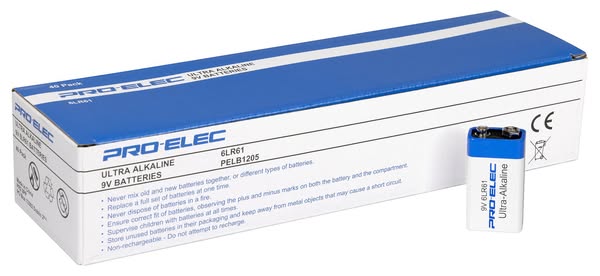 Pro Elec Ultra Alkaline 9V PP3 Batteries, 40 Pack